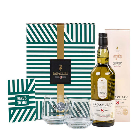Lagavulin 8 Jahre Islay Single Malt Scotch Whisky 70cl im hochwertigen Geschenkset mit Gläsern & Grußkarte